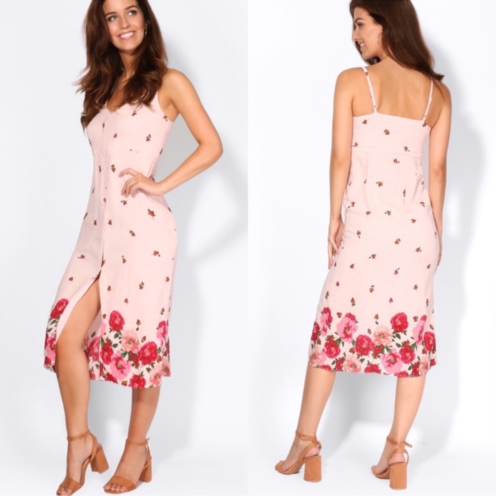 Topshop Light Pink Floral Button-Front Midi Slip Dress
